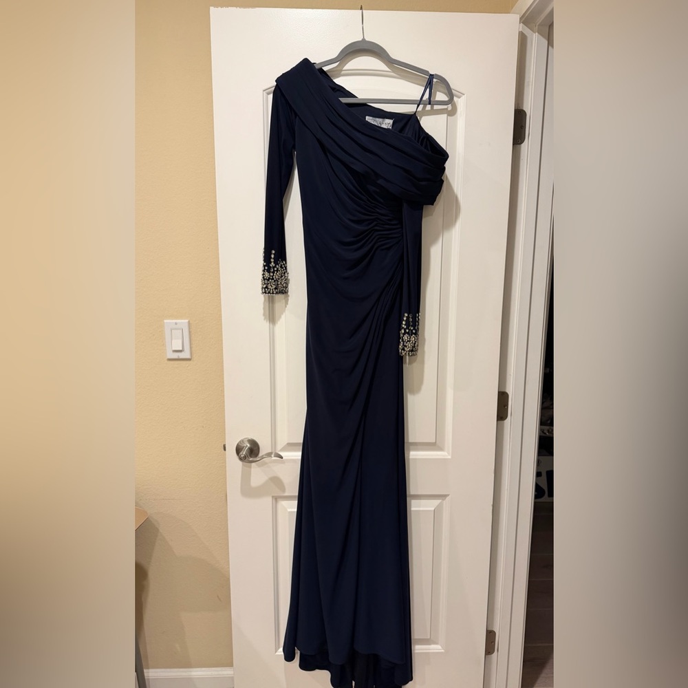 Mac Duggal One Shoulder Navy Dress with Beaded Cuffs